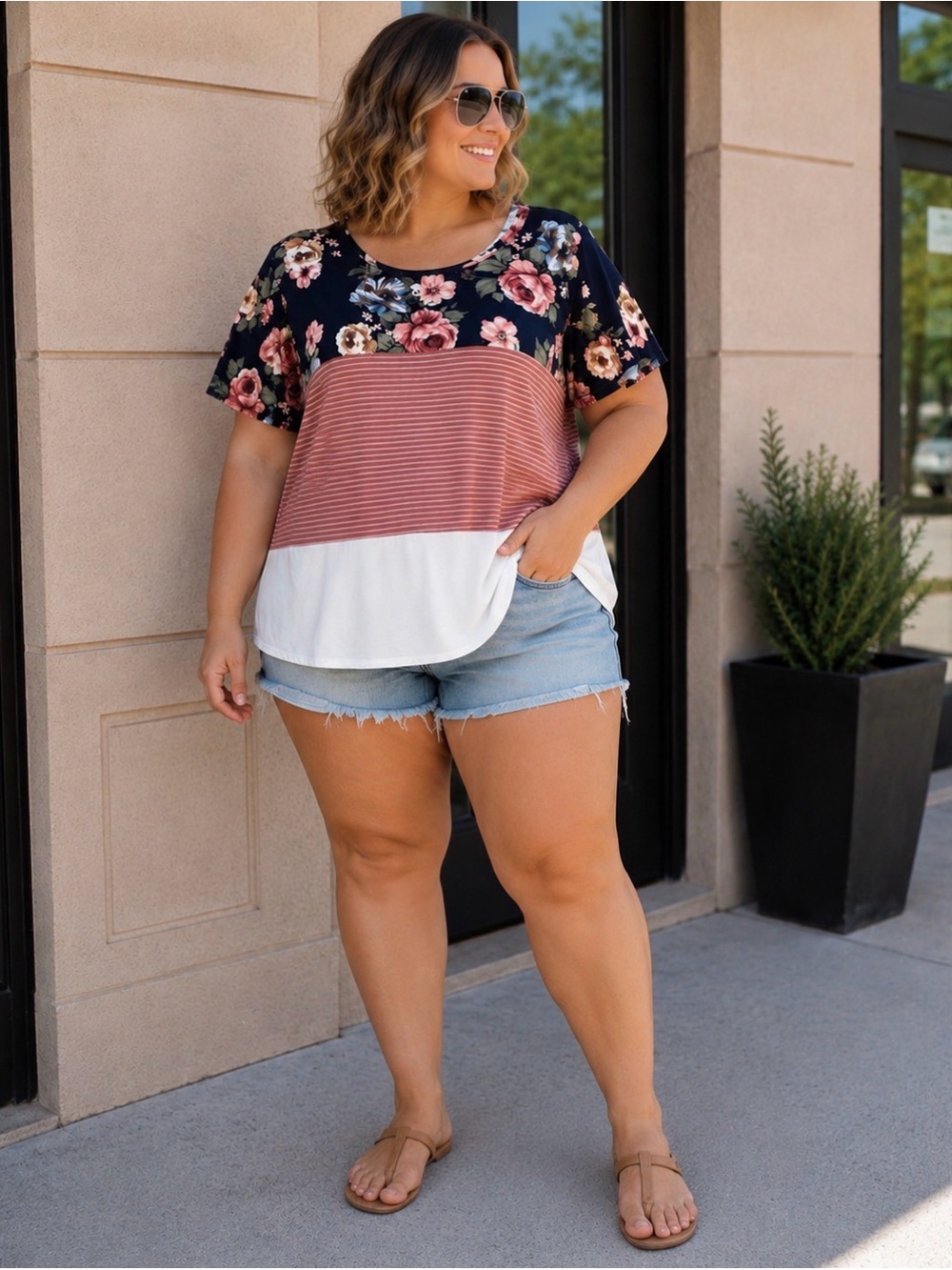 Simply Ruby short sleeve floral/striped/white block top
